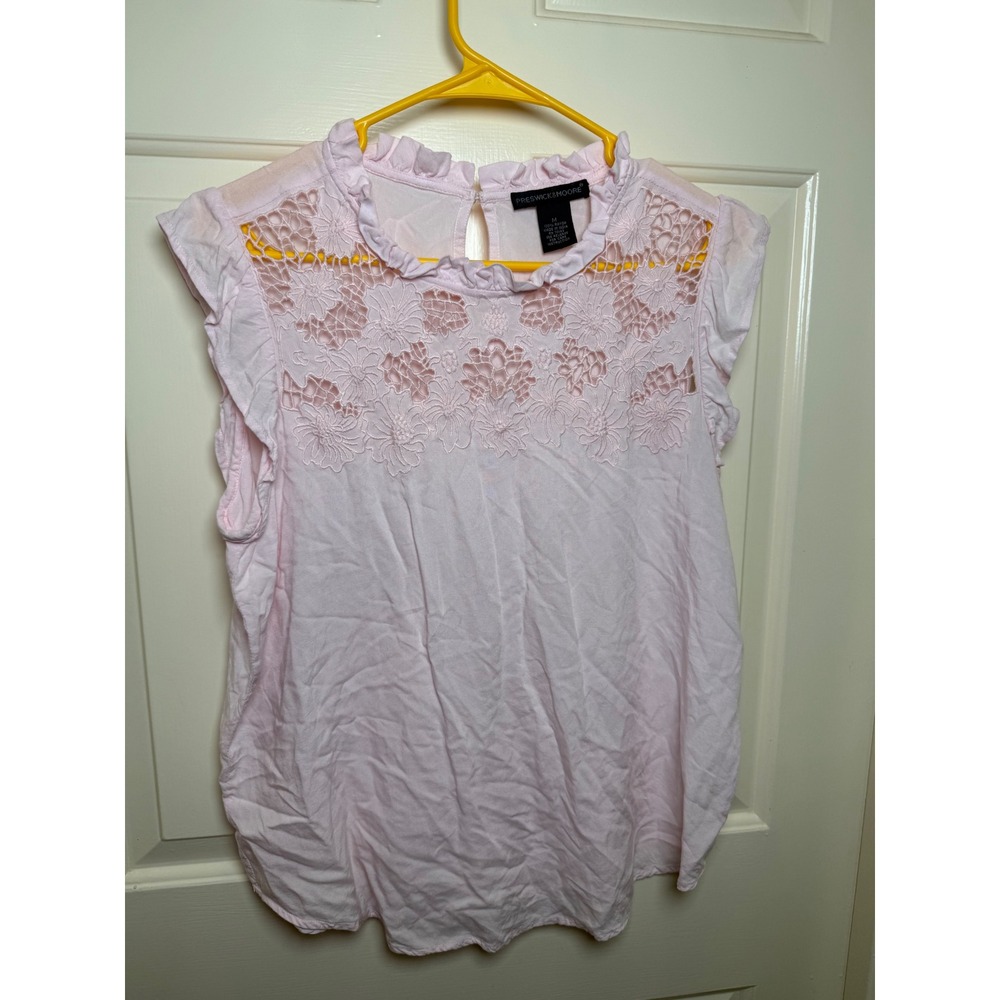 Preswick & Moore Pink Lace Yoke Ruffle Neck Sleeveless Blouse Medium